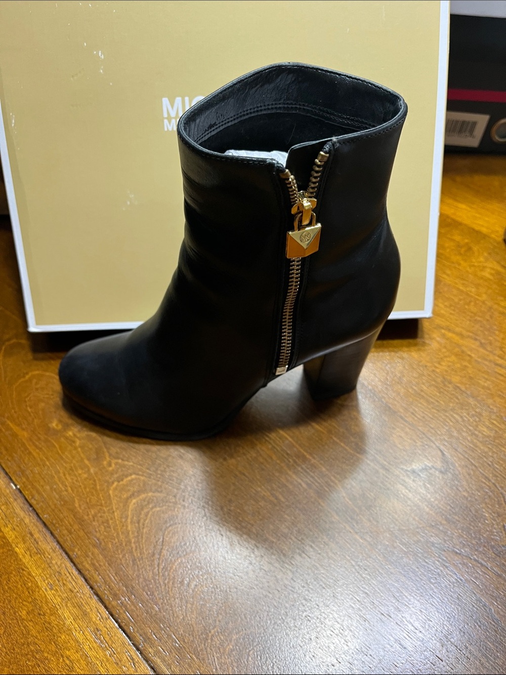 Michael Kors Black Leather Ankle Boot with Gold Padlock Zip